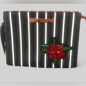 Betsey Johnson Black and White Stripe Tech Bag/Clutch w/Large Sequined Red Rose